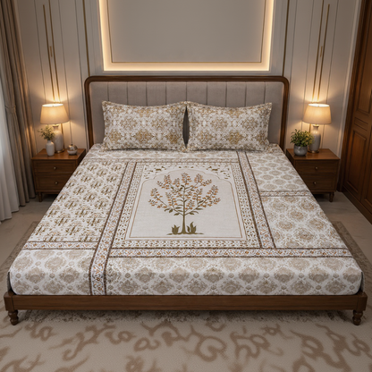 A neatly made bed in a styled bedroom, featuring a cream and beige patterned bedspread with a central tree motif and matching decorative pillows.