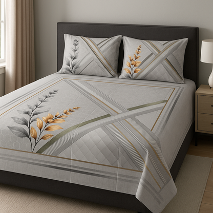 Bed with floral patterned bedding and pillows in a bedroom setting.