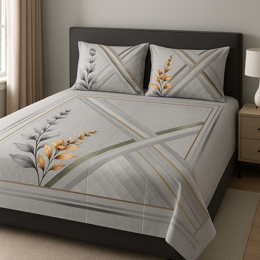 Bed with floral patterned bedding and pillows in a bedroom setting.