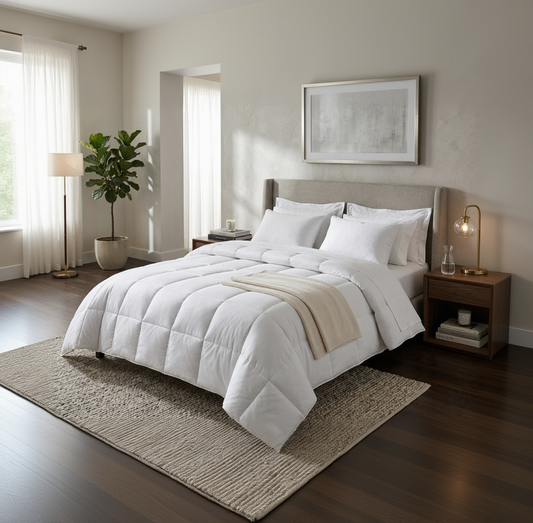 White comforter set on a bed in a well-lit bedroom with decor elements.