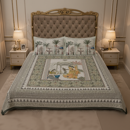 A luxury bedding set featuring a large central quilt with a traditional Indian-style illustration of a couple under a palm tree, flanked by two matching pillowcases with palm tree motifs. The set is styled on a bed with a tufted headboard, flanked by matching nightstands and lamps.