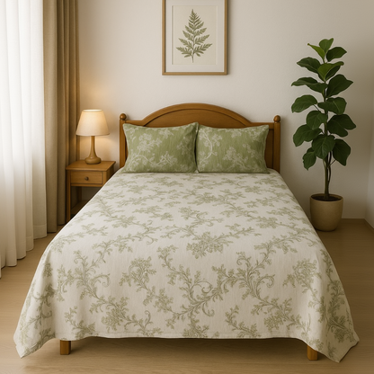 A neatly made bed in a softly lit bedroom, covered with an off-white damask-style quilt in sage green and matching two pillow shams. The bed has a curved wooden headboard, with a bedside lamp, curtains, framed botanical wall art, and a potted fiddle-leaf fig plant visible.