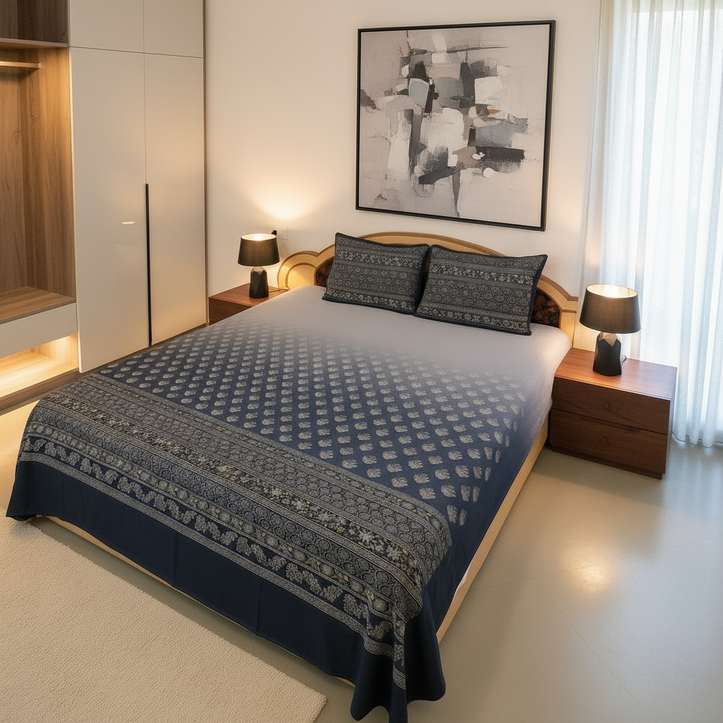Midnight Celebration Luxury Embroidered Cotton Bedsheet