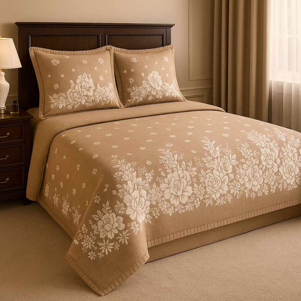 Beige floral-patterned bedspread on a bed in a bedroom setting.