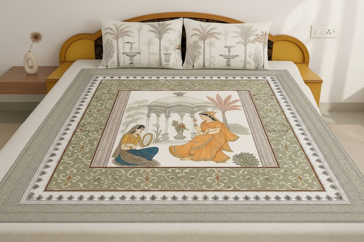 Decorative bedspread with intricate design on a bed in a room.