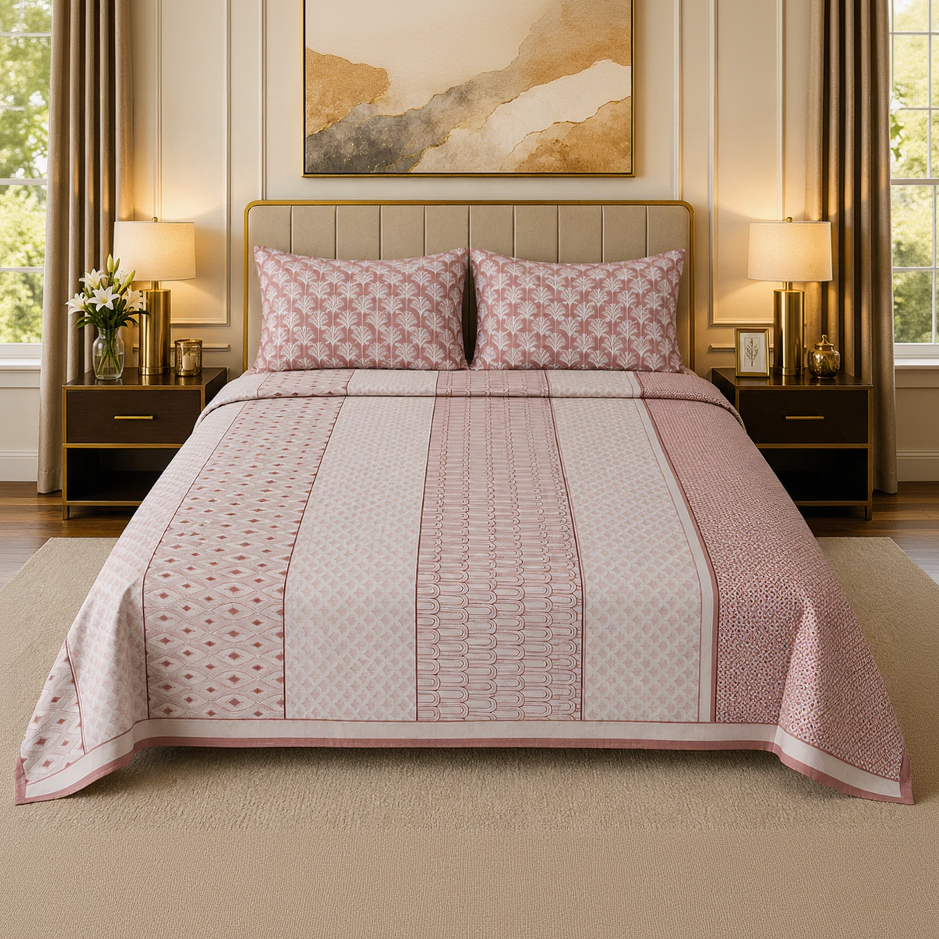 A neatly made bed in a styled bedroom setting, featuring a pink and white patterned quilt with matching pillow shams, flanked by two matching pink and white patterned curtains, gold bedside tables with lamps, and a gold headboard.