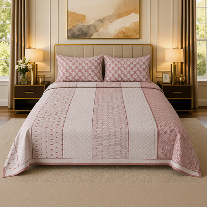 A neatly made bed in a styled bedroom setting, featuring a pink and white patterned quilt with matching pillow shams, flanked by two matching pink and white patterned curtains, gold bedside tables with lamps, and a gold headboard.