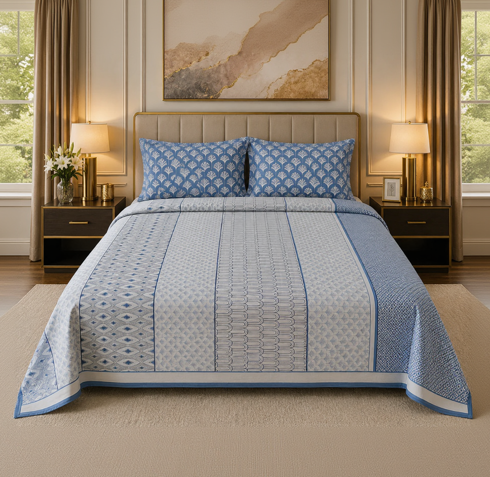 A neatly made bed in a styled bedroom setting, featuring a light blue and white patterned quilt and matching pillow shams with a beige upholstered headboard and bedside tables.