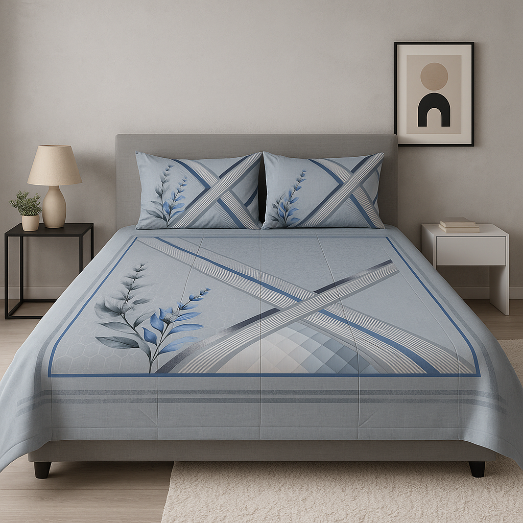Bed with floral-patterned bedding in a bedroom setting